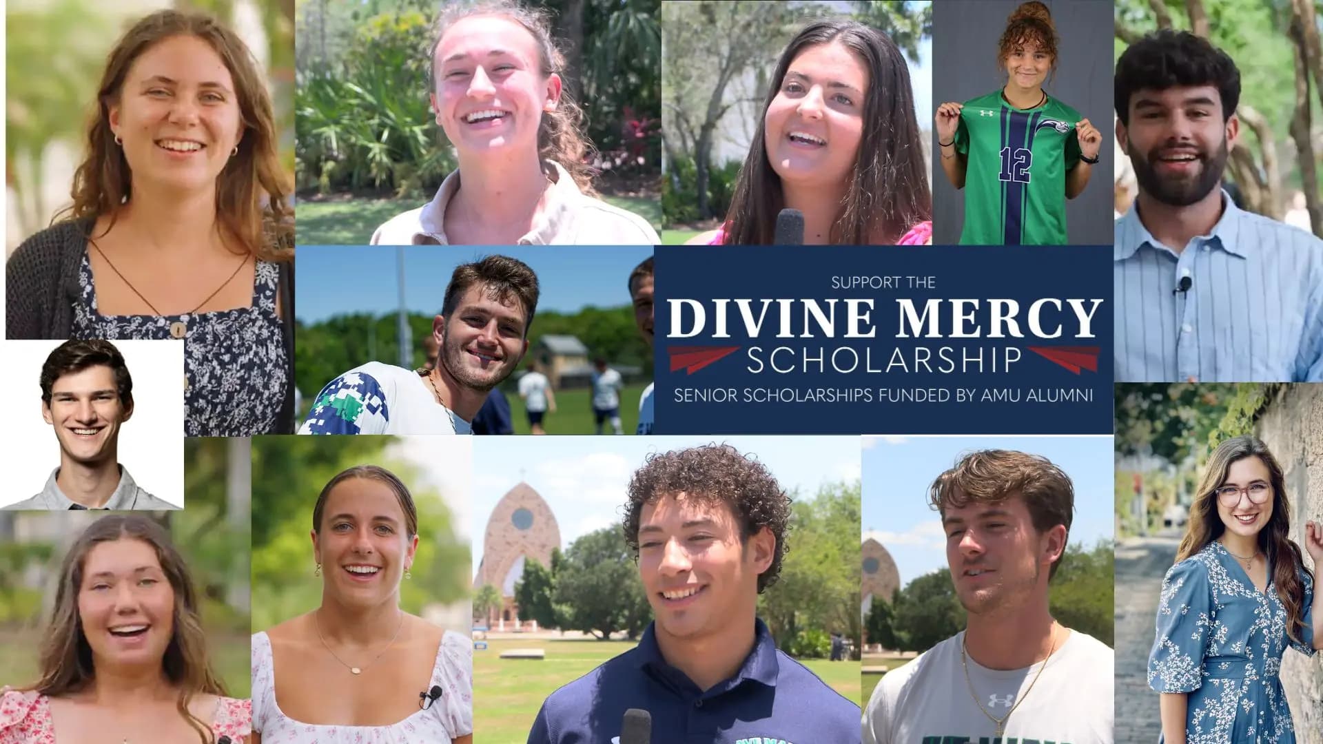 Portrait collage of Ave Maria seniors. Alumni gifts fund Divine Mercy Scholarships that support their formation.